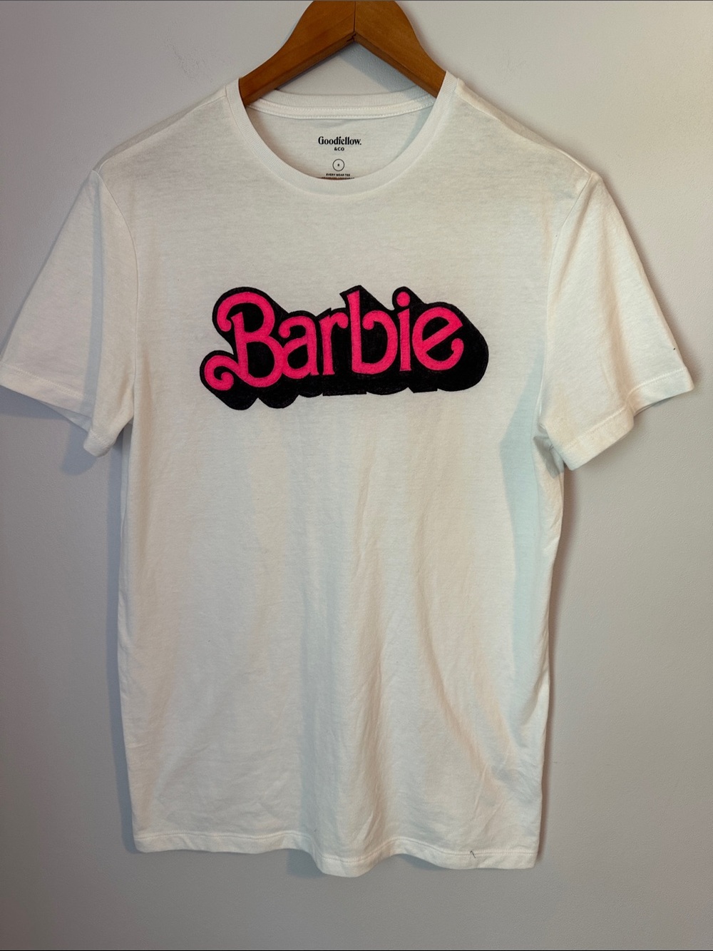 Goodfellow & Co White Tee with Pink and Black Barbie Logo Very Soft